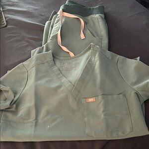 Figs Sage Green Scrub Set Catarina top and Zamora scrub pants